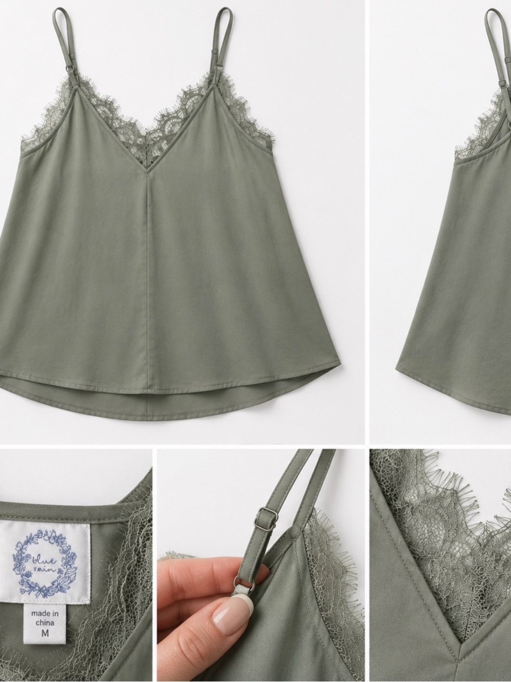 Blue Rain by Francesca’s Sage Green Satin Lace Trim Cami Tank Top Medium